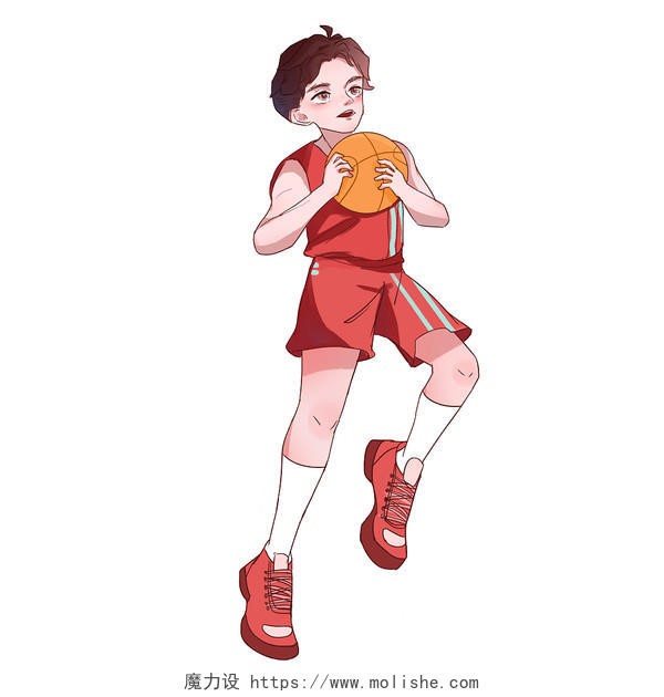 手绘红色运动会打篮球人物儿童插画元素运动健身